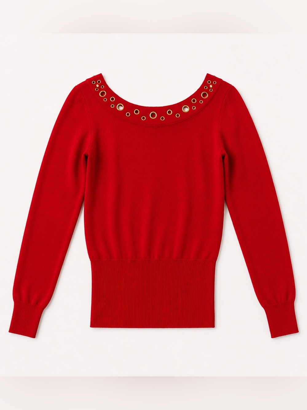 Red Grommet Open V Back Knit Stretch Holiday Sweater Gold Studded Top Small Y2K
